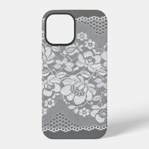 Coque iPhone 12 Tissu de dentelle blanc sur gris