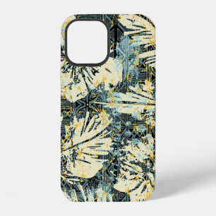 Coque iPhone 12 Tissu d'hibiscus de style hawaïen avec fond tribal