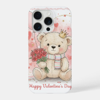 Coque iPhone 15 Pro Titre : Ourson Mignon avec des Roses Joyeuse Saint