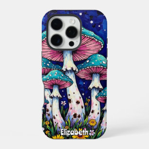 Coque iPhone 16 Pro Toile de champignons sous un ciel étoilé