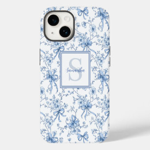 Coque Pour iPhone 14 Toile de Jouy Florale Bleue Monogramme Nom