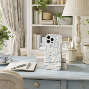 Coque iPhone 15 Pro Max Toile de Jouy vintage personnalisée fleurs sauvage