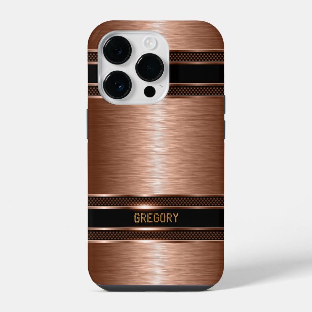 Coque iPhone Tons brun cuivré Texture métallique Monogramme (Verso)