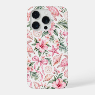 Coque iPhone 15 Pro Tortue de mer Coquette Tropicale Rose et Flore d'H