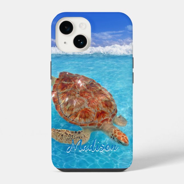 Coque iPhone Tortue de mer moderne bleu plage personnalisé     (Verso)
