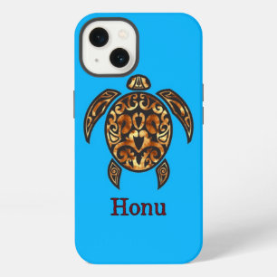 Etui iPhone 13 Tortue de mer tribale hawaïenne dorée sur fond ble