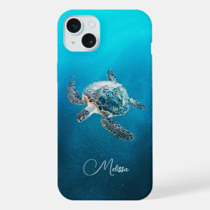Coque iPhone 15 Plus Tortue de mer turquoise scintillante Côtière