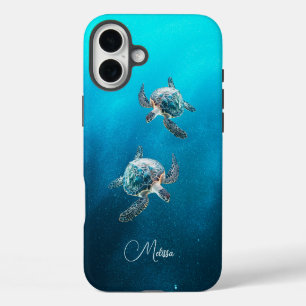 Coque iPhone 16 Plus Tortue de mer turquoise scintillante Côtière