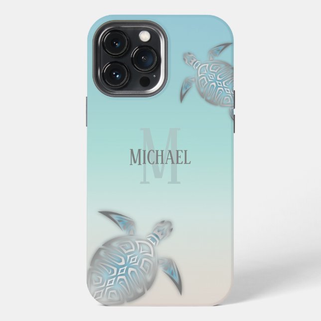 Coque iPhone Tortues Argent Initiales Votre Nom Beige Turquoise (Verso)