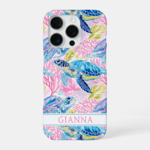 Coque iPhone 16 Pro Tortues de mer à l'aquarelle Monogrammées