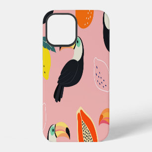 Coque iPhone 12 Toucan avec des fruits tropicaux abstraits