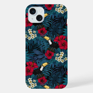 Coque iPhone 15 Plus Toucans et flore tropicale, vert et rouge