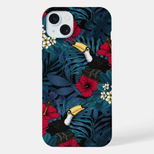 Coque iPhone 15 Plus Toucans et flore tropicale, verte et rouge