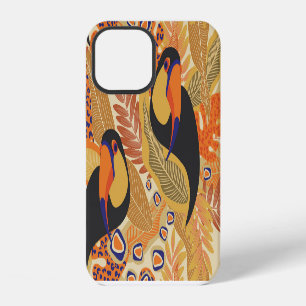 Coque iPhone 12 Toucans sur branches, motif tropical sans soudure.