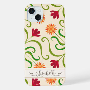 Coque iPhone 15 Plus Tournesol en Damas fleuri coloré Motif mignon folk