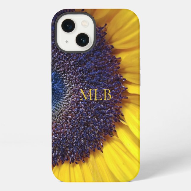 Coque iPhone Tournesol jaune avec monogramme en gros plan avec  (Verso)