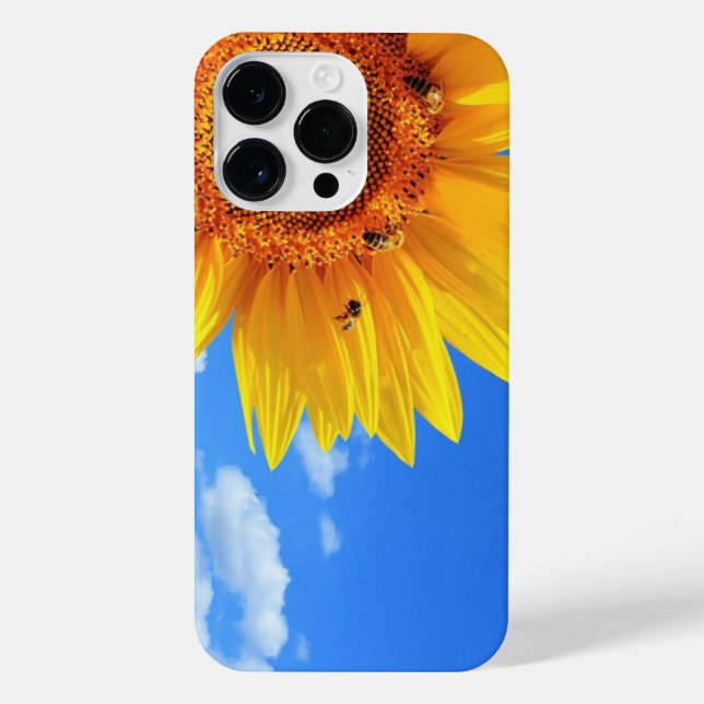 Coque iPhone Tournesol jaune et abeilles sur le ciel bleu (Verso)