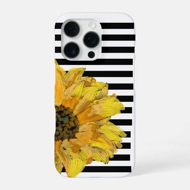 Coque iPhone Tournesol jaune peint sur rayures noires (Verso)