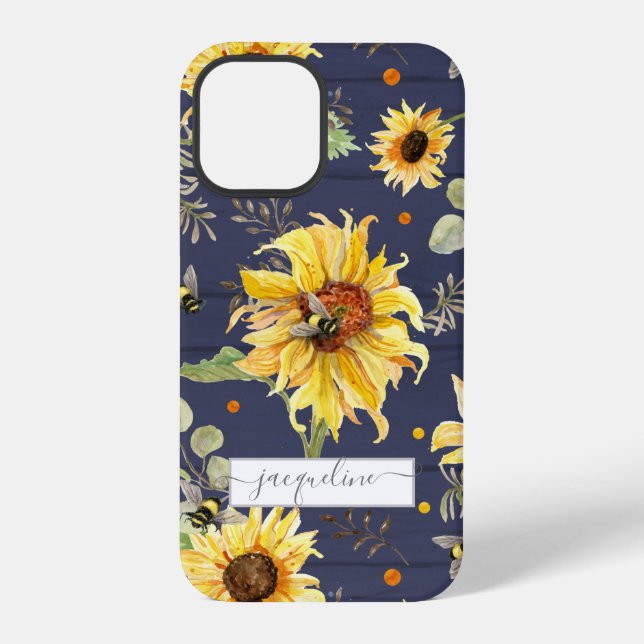 Coque iPhone Tournesol Navy Bois Bumble Bee Écriture Rustique (Verso)