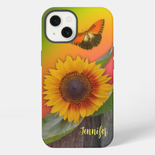 Etui iPhone 13 Tournesol sur fond coloré et nom personnalisé
