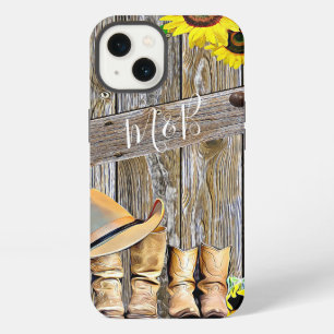 Etui iPhone 13 Tournesols en bois rustique, Bottes de cowboy et C