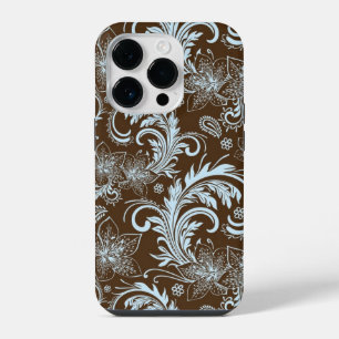 Coque Pour iPhone 14 Plus Tournures Florales Bleu Clair Sur Brun