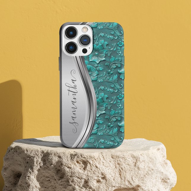 Coque iPhone Tourquoise Argent Faux Cuir à outils Cowgirl (Créateur téléchargé)