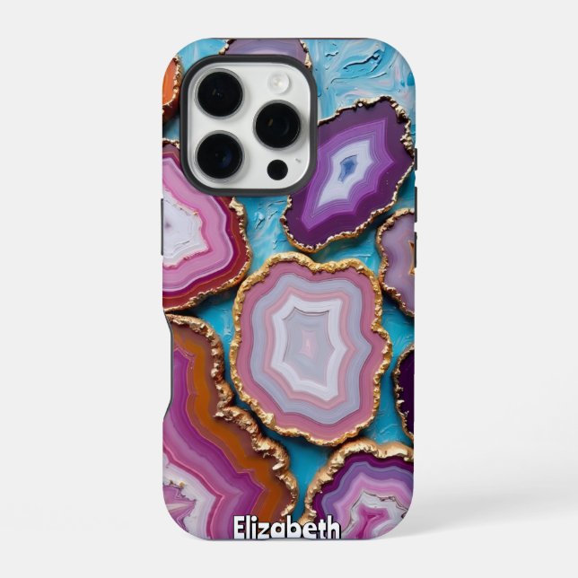 Coque iPhone Tranches d'agate assorties avec garniture dorée (Verso)