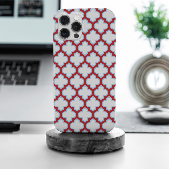 Coque iPhone Trellis blanc et rouge, treillis, Quatrefoil (Créateur téléchargé)