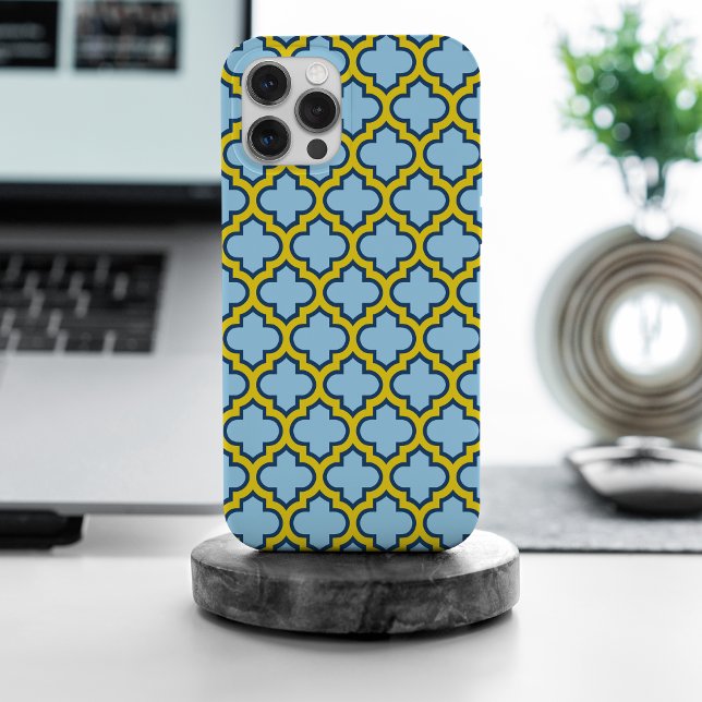 Coque iPhone Trellis bleu et jaune, treillis, Quatrefoil (Créateur téléchargé)