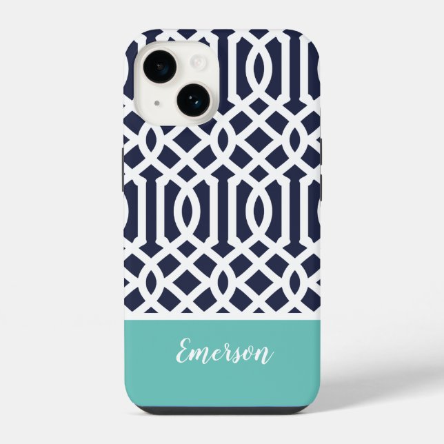 Coque iPhone Trellis de monogramme Navy et Aqua (Verso)