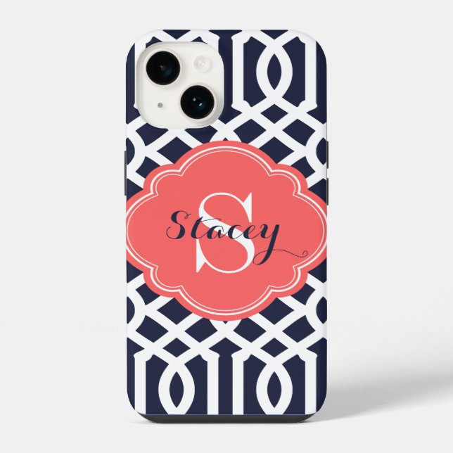 Coque iPhone Trellis Monogramme Moderne Corail et Marine (Verso)