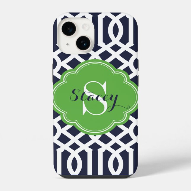Coque iPhone Trellis Monogramme Moderne Vert et Marine (Verso)
