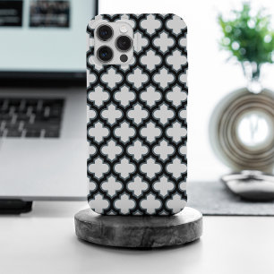 Coque iPhone 15 Pro Max Trellis, Réseau, Quatrefeuilles blanc et noir