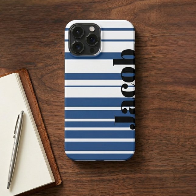 Coque iPhone Trendy Blue Striped Custom Name iPhone Case (Créateur téléchargé)