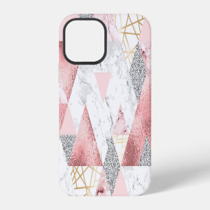Coque iPhone 12 Triangles d'argent d'or géométrique, motif en marb