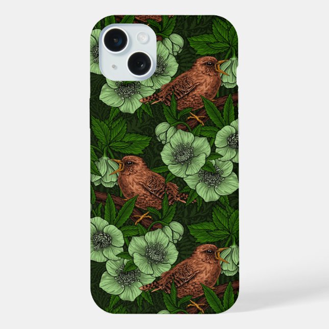 Coque iPhone Troglodyte et hellébore sur fond vert foncé (Verso)