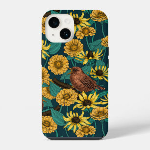 Coque Pour iPhone 14 Troglodytes et fleurs sur fond bleu foncé