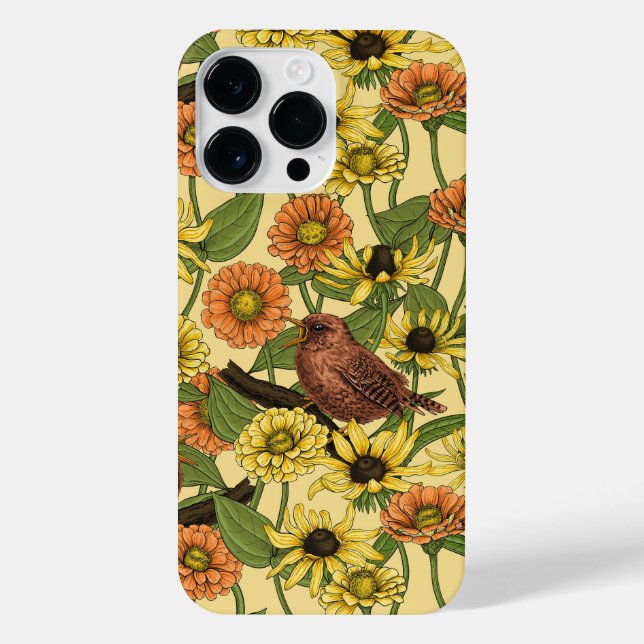 Coque iPhone Troglodytes et fleurs sur fond jaune pâle (Verso)