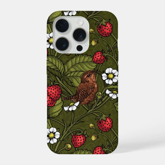 Coque iPhone Troglodytes et fraises sur fond vert foncé (Verso)