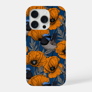 Coque iPhone 15 Pro Troglodytes merveilleux et fleurs de pavot orange