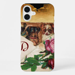 COQUE iPhone 16 PLUS TROIS CHIOTS AVEC MONOGRAMME DE ROSES