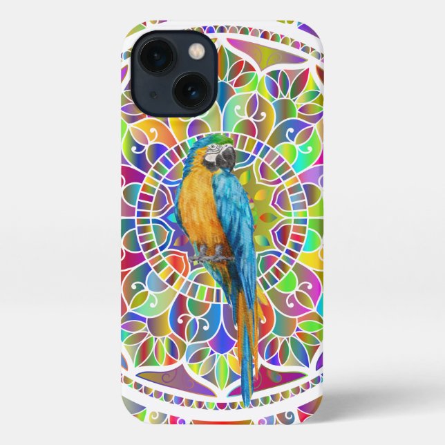Coque iPhone Tropical Mosaic – Blue & Gold Macaw Mandala (Verso)