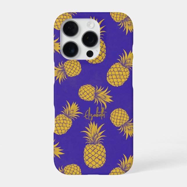Coque iPhone Tropical Pineapple with Name – Watercolor Style (Verso)