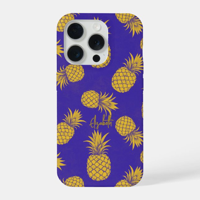 Coque iPhone Tropical Pineapple with Name – Watercolor Style (Verso)