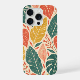 Coque iPhone 15 Pro Tropical sarcelle et feuilles de corail sur crème