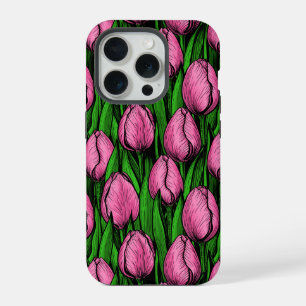Coque iPhone 15 Pro Tulières roses avec feuilles verts
