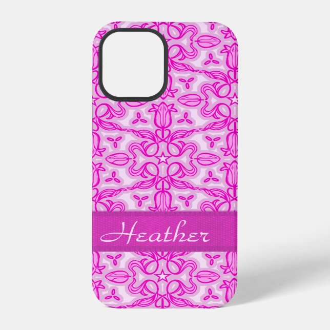 Coque iPhone Tulipe damassé rose violet nom (Verso)