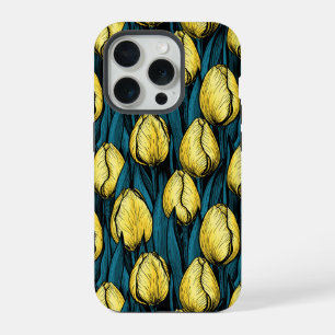 Coque iPhone 15 Pro Tulipes jaunes avec feuilles bleues