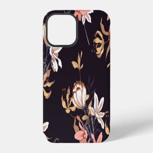 Coque iPhone 12 Tulipes vintage, fond violet foncé